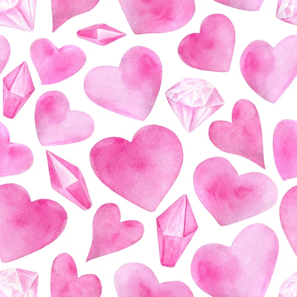 Акварель романтический бесшовный узор на День Святого Валентина. Ручные розовые сердца, бриллианты. Элементы, изолированные на белом для поздравительных открыток, обертывания, печати — стоковое фото