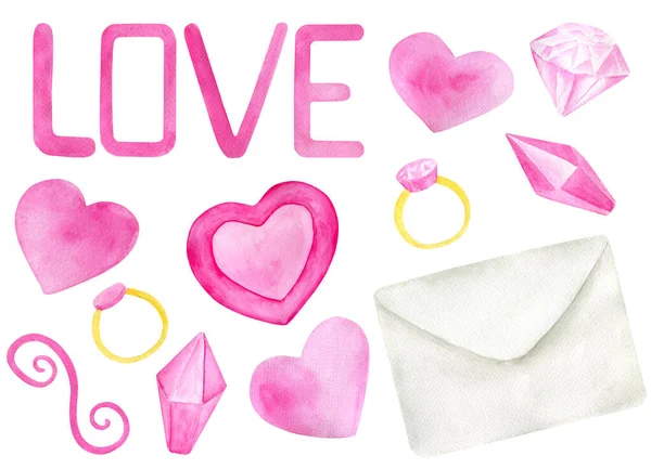 Akwarelowy romantyczny zestaw na Walentynki. Ręcznie rysowane różowe serca, miłość, diamenty, list, pierścionek. Elementy izolowane na białym do projektowania kart okolicznościowych, owijania, plakatów, drukowania. — Zdjęcie stockowe