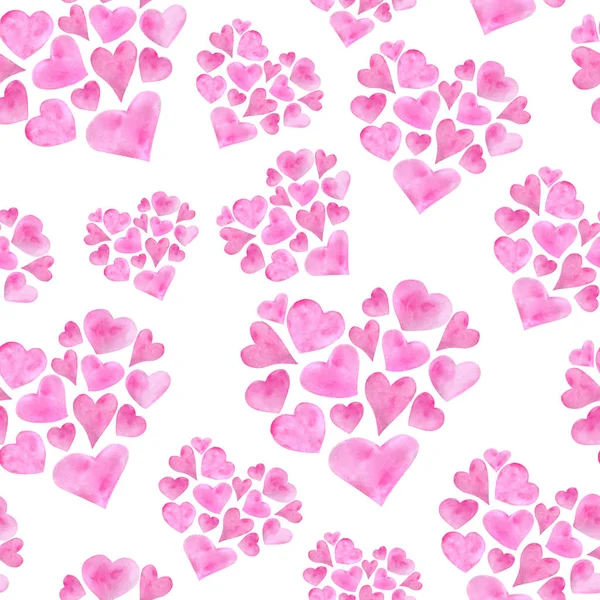 Akvarell romantikus zökkenőmentes minta Szent Valentin-napra. Kézzel rajzolt rózsaszín szív alakzatok. Elemek elszigetelt fehér háttér üdvözlőlapok design, csomagolás, plakátok, nyomtatás. — Stock Fotó