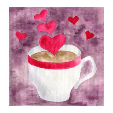 Pembe kalpli suluboya kahve. Aşk konsepti illüstrasyonlu el yapımı sıcak içecek. Tebrik kartları, posterler, yazıcılar için tasarım.