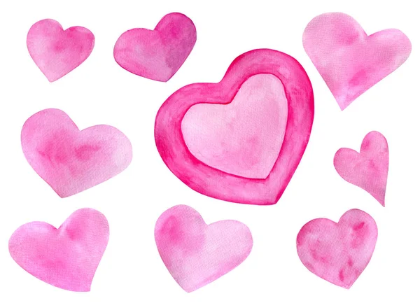 Akwarelowy romantyczny zestaw na Walentynki. Ręcznie narysowane różowe serca. Elementy izolowane na białym tle do projektowania kart okolicznościowych, owijania, plakatów, drukowania. — Zdjęcie stockowe