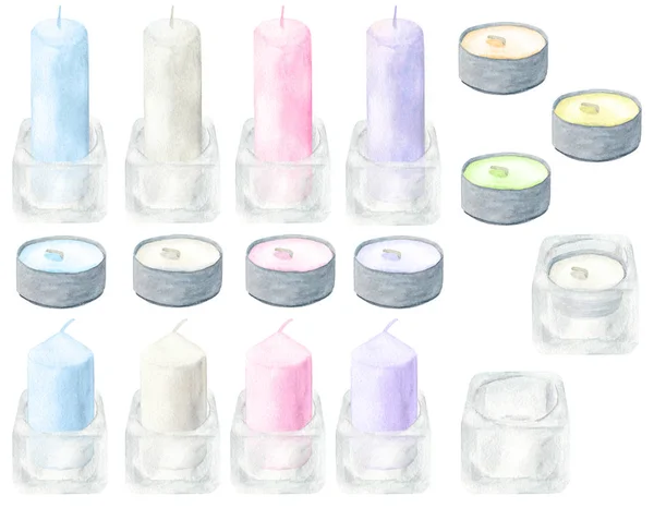 Watercolor blue, white, purple, pink and floating candles with glass candlestick set. Hand drawn traditional elements of home decoration, cosiness, celebration. Clipart isolated on white background. — Stock Photo, Image