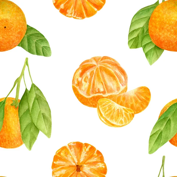 Watercolor tangerine seamless pattern. Hand drawn botanical illustration of peeled mandarins, citrus fruits with leaves and slices isolated on white background for design, decoration, package. — 图库照片