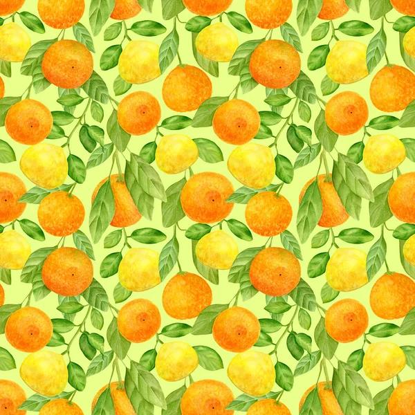Padrão sem costura citrinos aquarela. Ilustração botânica desenhada à mão de mandarinas, tangerinas e frutas de limão com folhas. Plantas isoladas em fundo branco para design, têxtil, embalagem, embalagem . — Fotografia de Stock