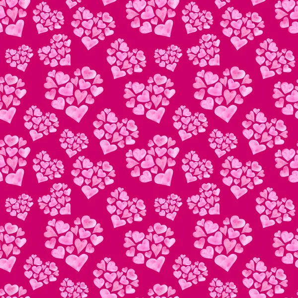 Acquerello romantico modello senza soluzione di continuità per San Valentino. Forme di cuore rosa disegnate a mano. Elementi isolati su sfondo rosso brillante per cartoline di auguri design, avvolgimento, manifesti, stampa . — Foto Stock