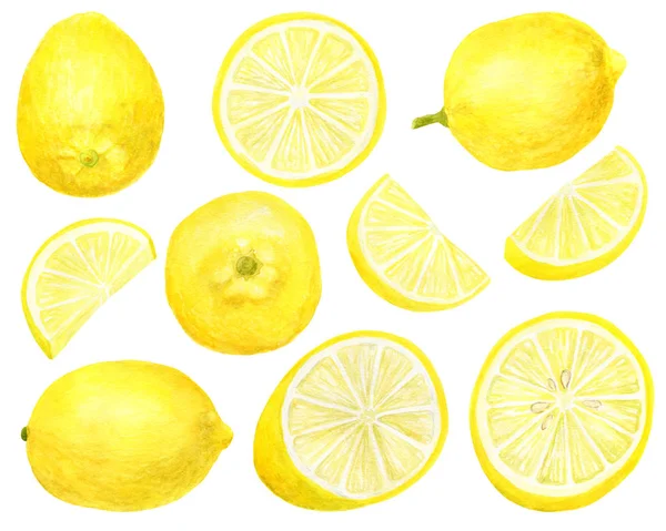 Ensemble aquarelle citron frais. Illustration botanique dessinée à la main d'agrumes jaunes isolés sur fond blanc. Clipart objets pour le design et la décoration, paquet, cartes . — Photo