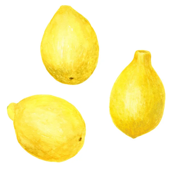 Conjunto de limones acuarela. Elemento alimenticio dibujado a mano para diseño y decoración. Frutos amarillos aislados sobre fondo blanco . — Foto de Stock