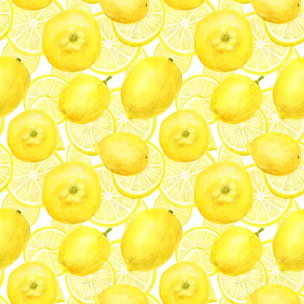 水彩レモンシームレスパターン。白を基調とした黄色の柑橘系の果物やスライスの手描きの植物イラスト。織物、包装、パッケージ、カード、装飾のためのデザイン. — ストック写真