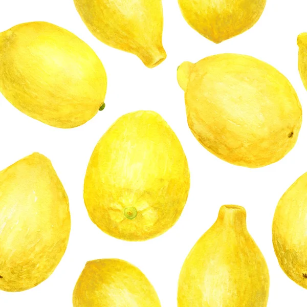 Akvarell citrom zökkenőmentes minta. Fehér alapon izolált sárga citrusfélék kézzel rajzolt botanikai illusztrációja. Textil-, csomagolás-, csomagolás-, kártya- és dekorációtervezés. — Stock Fotó