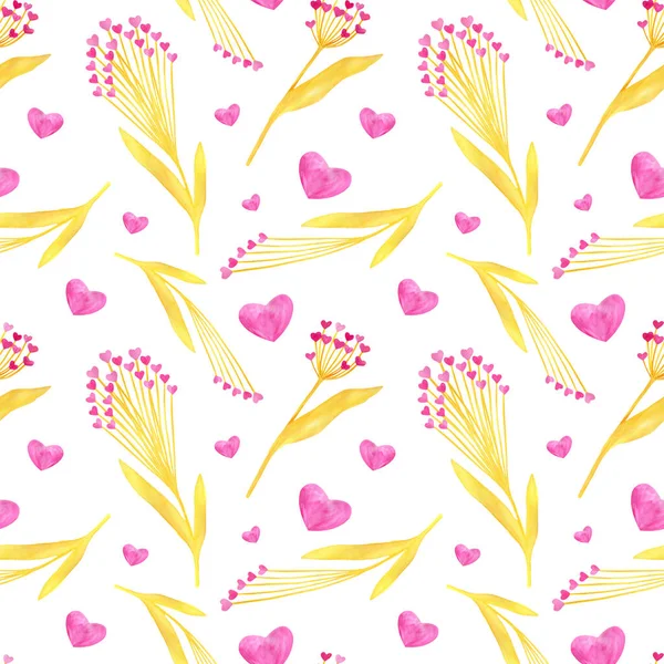 Watercolor romantic seamless pattern with pink hearts and golden plants. Hand drawn illustration for Saint Valentines day isolated on white background. Cute heart shapes and leaves for cards, wrapping
