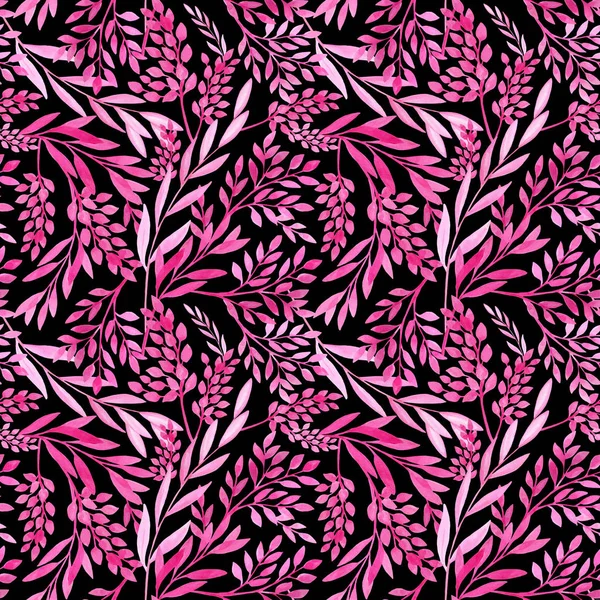 Watercolor pink leaves and tree branches seamless pattern. Hand drawn plants isolated on black background. Romantic texture for cards, wrapping, decoration. — Stockfoto