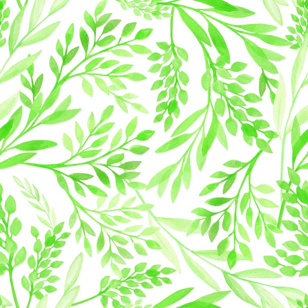 Watercolor green leaves and tree branches seamless pattern. Hand drawn plants isolated on white background. Fresh floral texture for cards, wrapping, decoration. — 스톡 사진