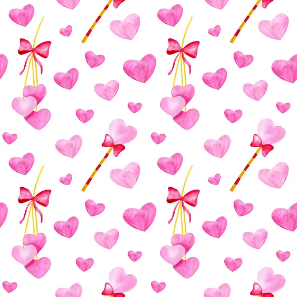 Watercolor red bow with pink hearts and fairy wand seamless pattern isolated on white background. Cute hand drawn love illustration for Saint Valentines Day, Birthday party, card, wrapping, textile. — Stock Photo, Image