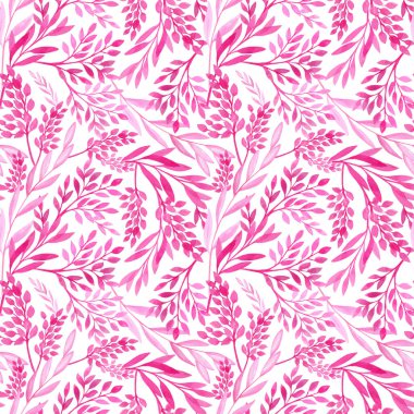 Suluboya pembe yapraklar ve ağaç dalları dikişsiz desen. El yapımı bitkiler beyaz arka planda izole edilmiş. Kartlar, ambalajlar, dekorasyon için romantik doku.