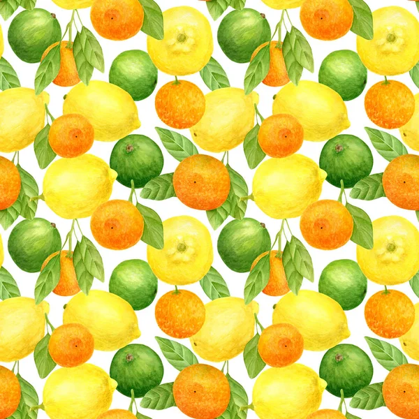 水彩のフレッシュレモン、みかん、ライムのシームレスなパターン。装飾、パッケージ、繊維のための白い背景に隔離された黄色、オレンジ、緑の柑橘類の手描きの植物図. — ストック写真