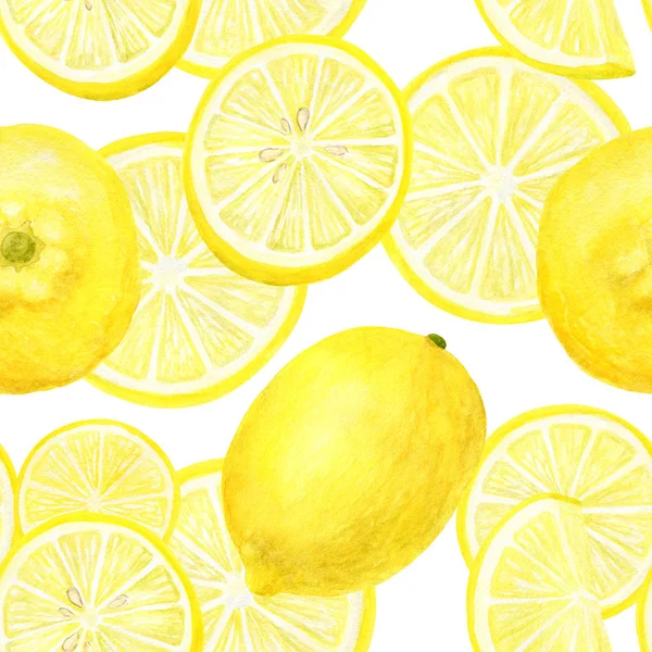 Modello senza cuciture limone acquerello. Illustrazione botanica disegnata a mano di agrumi gialli e fette isolate su fondo bianco. Progettazione per tessile, imballaggio, confezione, carte, decorazione . — Foto Stock