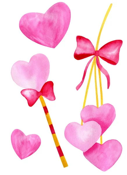 Bacchetta fata acquerello con fiocco rosso e cuori rosa. Illustrazione carina disegnata a mano per San Valentino, carte, decorazione, bambini . — Foto Stock