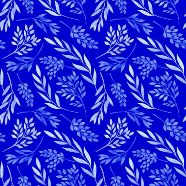 Suluboya açık mavi yapraklar ve ağaç dalları dikişsiz desen. El çizimi bitkiler karanlık arka planda izole. Kartlar için soyut doku, ambalaj, dekorasyon, tekstil.