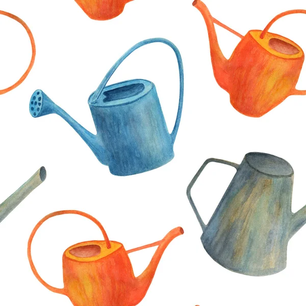 Watercolor watering can seamless pattern. Hand drawn cute gardening tools illustration isolated on white background. Texture for cards, design, wrapping paper. — Stock Photo, Image