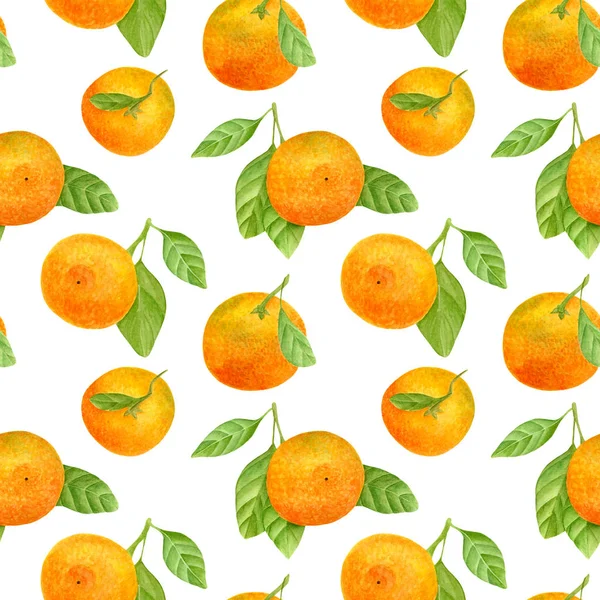 Akvarell mandarin zökkenőmentes minta. Mandarin gyümölcsök kézzel rajzolt botanikai illusztrációja levelekkel. Fehér alapon elszigetelt citrusfélék design, textil, csomagolás, csomagolás céljából. — Stock Fotó