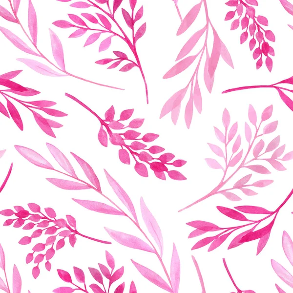 Akwarela różowe liście i gałęzie drzewa płynny wzór. Ręcznie rysowane rośliny odizolowane na białym tle. Romantyczna faktura na karty, owijanie, dekoracje, tekstylia. — Zdjęcie stockowe