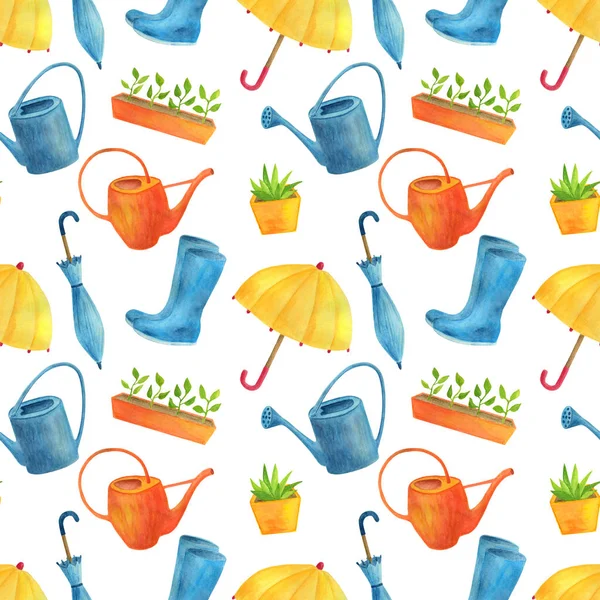 Watercolor gardening tools seamless pattern. Hand drawn cute watering can, rubber boots, umbrella, plant seedlings in flower pot isolated on white background. Illustration for cards, wrapping paper. — Stock Photo, Image