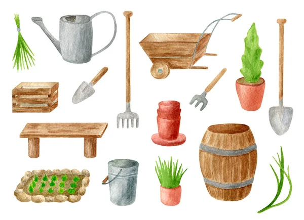 Zestaw narzędzi ogrodnictwa akwarelowego. Ręcznie rysowany kanister, grabie, wiadro, skrzynka i beczka drewna, łopata, łóżko ogrodowe, sadzonki w doniczce, ławka i taczka izolowane na biało. Wiosna, letni kliparty. — Zdjęcie stockowe