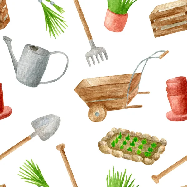 Watercolor gardening tools seamless pattern. Hand drawn watering can, rake, wooden cask and crate, shovel, garden bed, seedling in flower pot and wheelbarrow isolated on white. Spring, summer design. — Stok fotoğraf