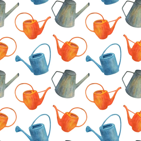Watercolor watering can seamless pattern. Hand drawn cute gardening tools illustration isolated on white background. Texture for cards, design, wrapping paper, textile. — Stock Photo, Image