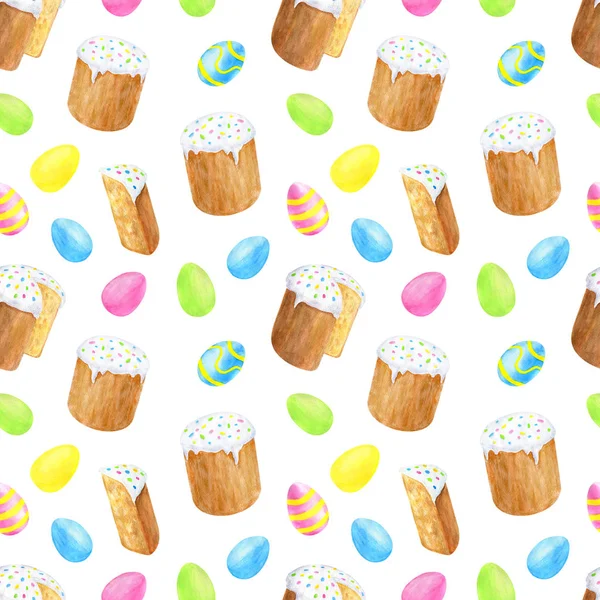 Watercolor traditional Easter cake and colored eggs seamless pattern. Hand drawn illustration isolated on white background for cards, decoration, posters, holiday design, wrapping. — 스톡 사진