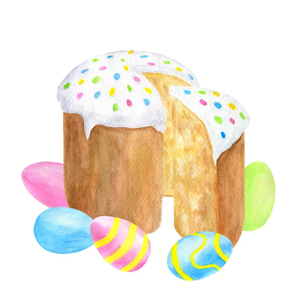 Watercolor traditional Easter cake with ising sugar, colored eggs and cutted piece of cake. Hand drawn illustration isolated on white background for cards, decoration, posters, holiday design. — 스톡 사진