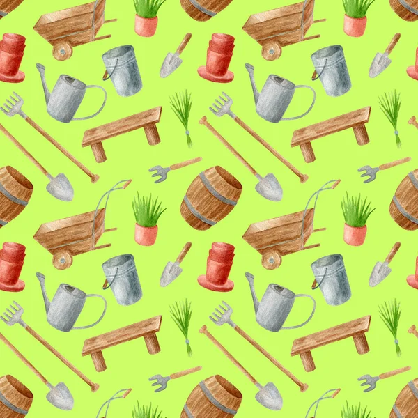 Watercolor gardening tools seamless pattern. Hand drawn watering can, rake, wooden cask and wheelbarrow, shovel, seedling in flower pot and bench isolated on green. Spring, summer design. — Stock Photo, Image
