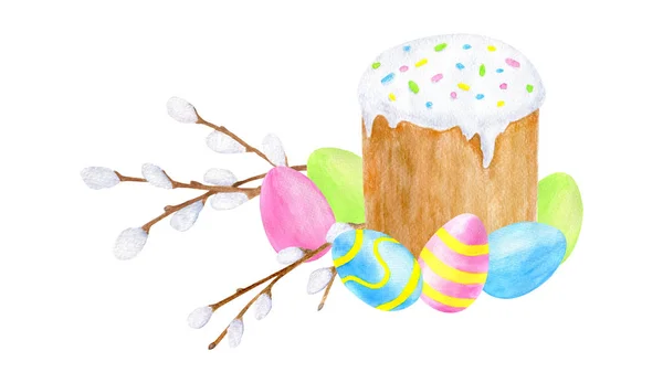Watercolor traditional Easter cake with ising sugar, colored eggs and pussy willow branches. Hand drawn illustration isolated on white background for cards, decoration, holiday design. — Stock Photo, Image