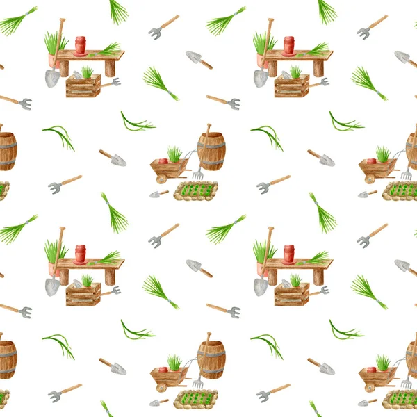 Watercolor gardening tools seamless pattern. Hand drawn wooden cask and wheelbarrow, flower pots on garden bench, rake, shovel, seedling and bunch of grass isolated on white. Spring, summer design.