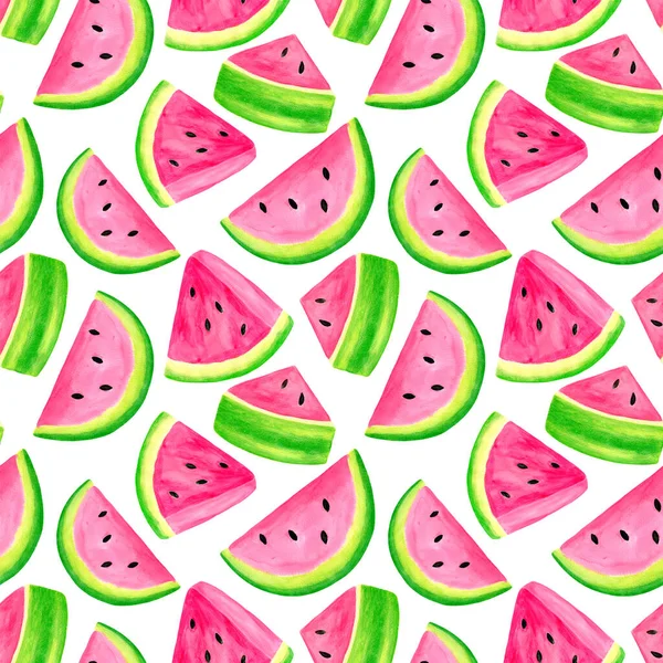 Wasserfarbe saftige Wassermelone Scheibe nahtlose Muster. Handgezeichnete bunte Illustration isoliert auf weißem Hintergrund für Dekoration, Verpackung, Verpackung, Karten, Design. — Stockfoto
