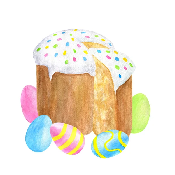 Акварельный традиционный пасхальный торт с растущим сахаром, цветными яйцами и кусочком торта. Ручной рисунок на белом фоне для открыток, оформления, плакатов, праздничного дизайна . — стоковое фото