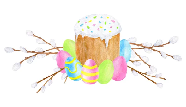 Watercolor traditional Easter cake with ising sugar, colored eggs, piece of cake and pussy willow branches. Hand drawn illustration isolated on white background for cards, decoration, holiday design. — Stock Photo, Image