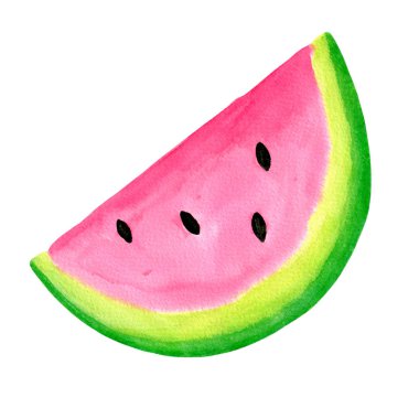 Suluboya sulu karpuz dilimi. Dekorasyon, ambalaj, ambalaj, kartlar, tasarım için beyaz arkaplanda el çizimi renkli resimleme izole.
