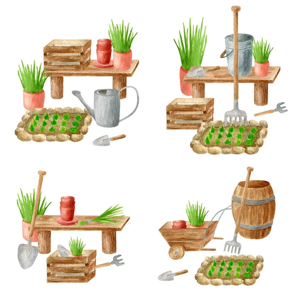 Watercolor Gardening Set Illustrations Hand Drawn Watering Can Rake Bucket — 스톡 사진