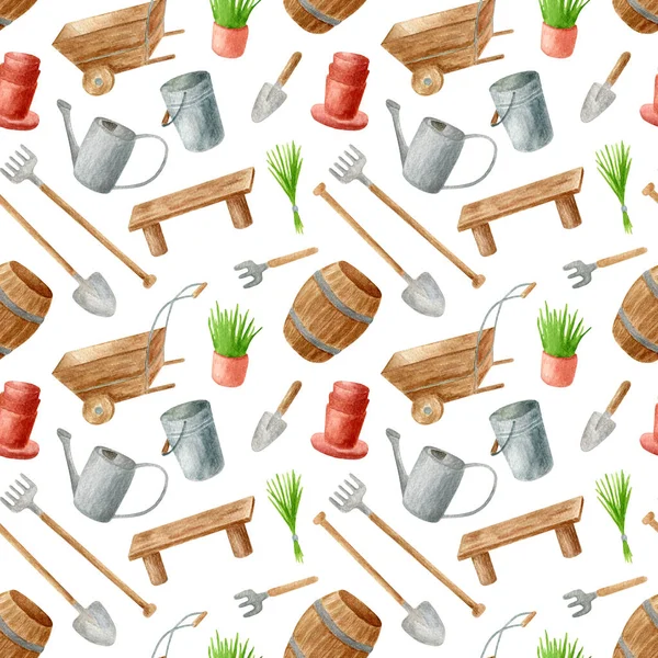 Watercolor Gardening Tools Seamless Pattern Hand Drawn Watering Can Rake — Stock Photo, Image