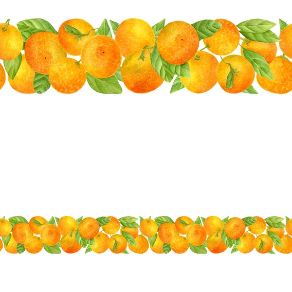 ジューシーなみかんと水彩ヴィンテージ水平シームレスな境界線 手描きの柑橘系のオレンジの果物や緑の葉は白い背景に隔離された パッケージ カード バナーのテンプレートデザイン — ストック写真