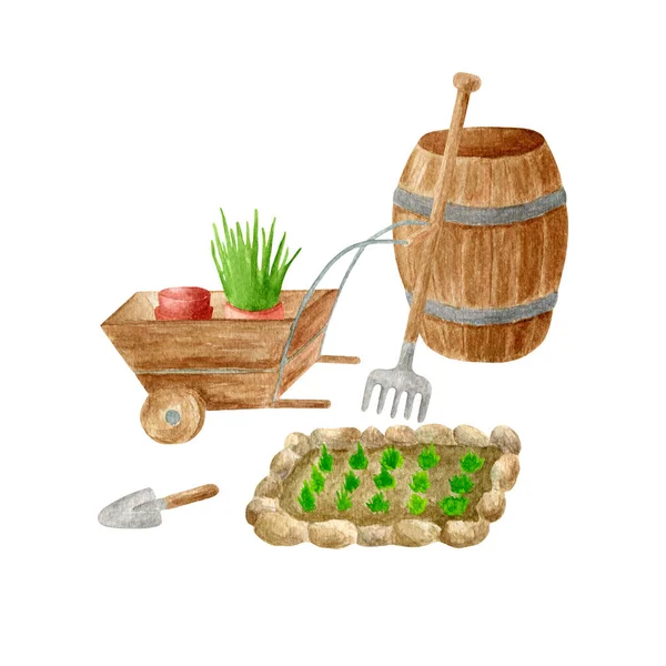 水彩画可爱的园艺插图 手绘木制木箱和手推车与植物 花园床 幼苗和香草在花盆 耙隔离在白色 夏天卡片的设计 — 图库照片