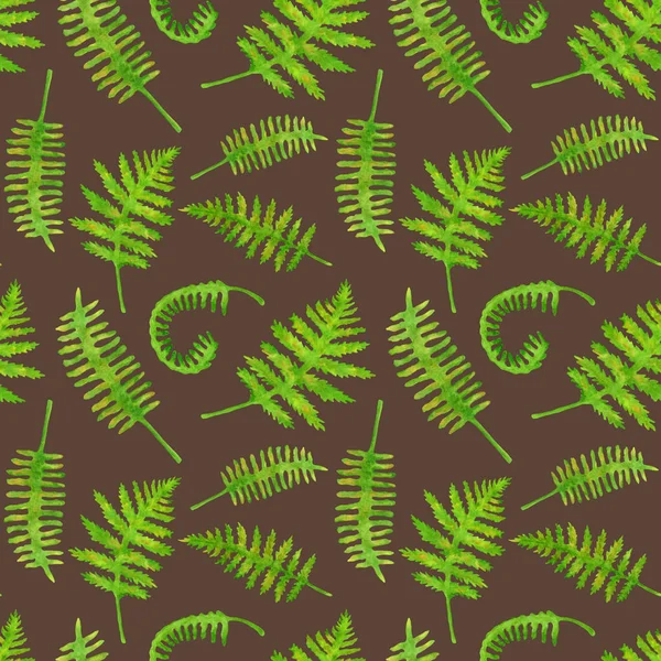 水彩绿蕨叶无缝图案 在褐色背景上分离的手绘森林植物多角形纹理 邀请函 纺织品 包装材料说明 — 图库照片