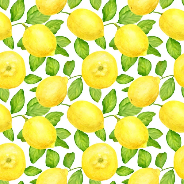 葉のシームレスなパターンを持つ水彩レモン 白地に孤立した黄色い柑橘類の植物図を手描き パッケージ カード 装飾のためのデザイン — ストック写真