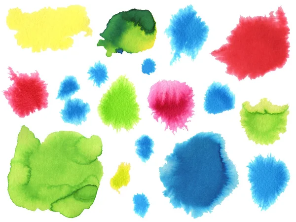 水彩画笔画和污迹集.手绘红色、黄色、绿色、蓝色的水蚤飞溅和斑斑，在白色背景上隔离。文字的纹理、装饰设计. — 图库照片