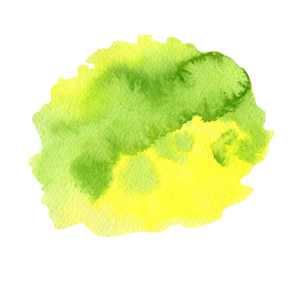 Aquarell grüner und gelber Pinselstrich. Von Hand gezeichnet fließendes buntes Aquarell spritzt oder kleckert isoliert auf weißem Hintergrund. Textur für Text, Dekoration. — Stockfoto