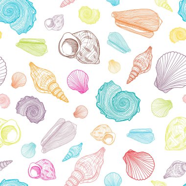 Deniz kabukları ile renksiz desen. Su altı kabuklarının el çizimi vektör çizimi. Denizcilik geçmişi. Kartlar, dekorasyon, tekstil, baskı ve pankartlar için beyaz üzerine deniz unsurları