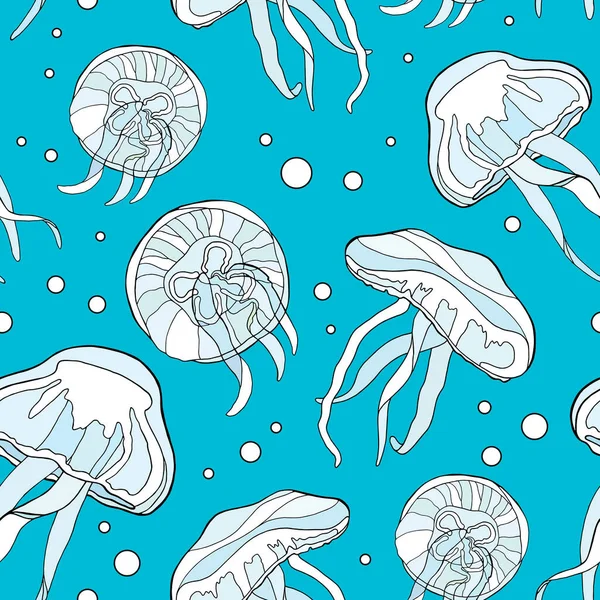 Jellyfish Colorido Padrão Sem Costura Ilustração Vetor Desenhado Mão Habitantes — Vetor de Stock