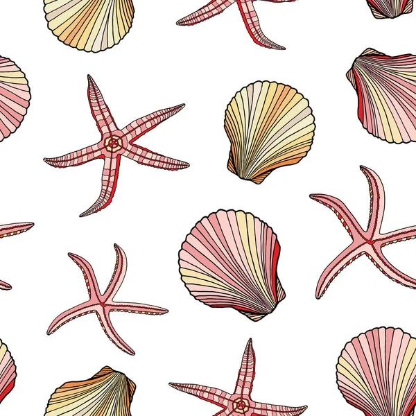 Colored Seashells Starfishes Seamless Pattern Hand Drawn Vector Illustration Underwater — Stock Vector