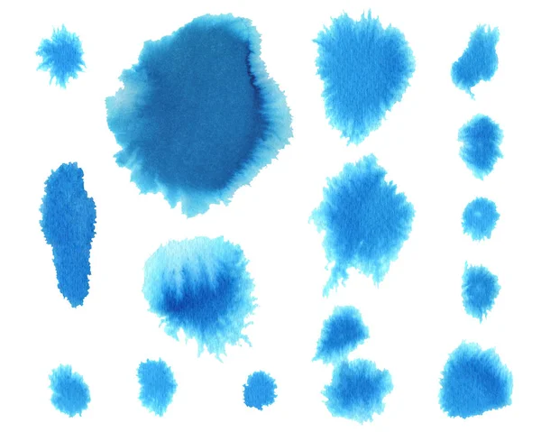 Υδατογραφία Μπλε Πινελιές Και Κηλίδες Σετ Χειροποίητο Πολύχρωμο Υδατογράφημα Πιτσιλιές — Φωτογραφία Αρχείου